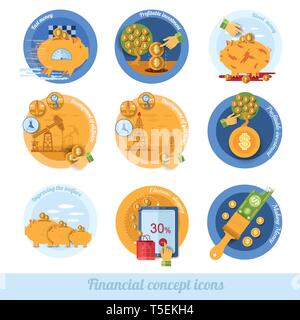 flat concept business icon with piggy bank circle financial terms Stock Vector