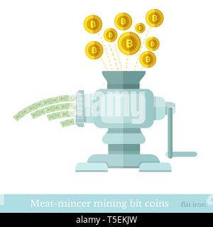 Flat vector icon of finance and business, bit coins fall into a meat grinder and banknotes out Stock Vector