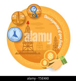 gas rig with icon of process of gas production.Vintage retro style finance icon development of gas field on yellow circle background Stock Vector