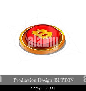Glossy round button mining of bit coins on white in sketch style Stock Vector