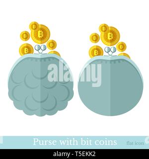 Golden bit coins flying in a purse or pouch. Flat business icon on white Stock Vector