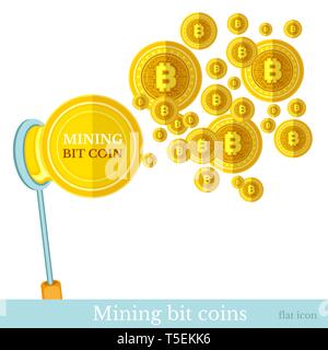 Golden bit coins looks like soap bubbles flying out from frame. Flat business icon on white Stock Vector