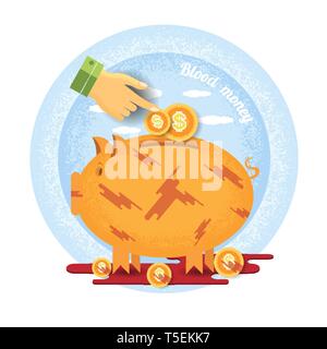 hand pointer put in coin in bloddy piggy bank stand in pool of blood.Vintage retro style blood money icon on blue circle background Stock Vector