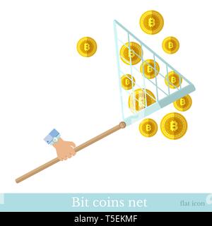 Hand with net catch bit coins flat business icon Stock Vector