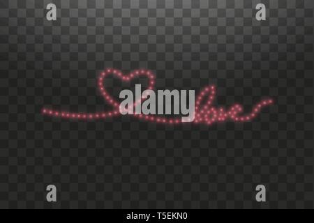 Track in the form of a strip of shiny LED strip in the shape of a heart on a transparent background. Valentines day. Heart with inscription I Love You Stock Vector