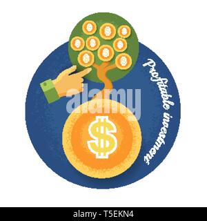 money tree grow from coin with hand pointer Vintage retro style finance icon profitable investment on blue circle background Stock Vector