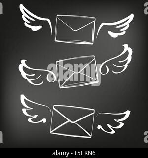 abstract wings with nvelope, letter sketch set icon collection cartoon hand drawn vector illustration sketch, drawn in chalk on a black Board Stock Vector