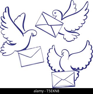 pigeon with envelope, letter, set icon collection cartoon hand drawn vector illustration sketch Stock Vector