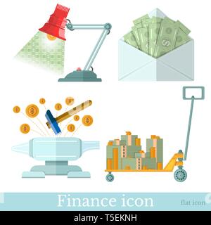 Set of business flat icons on white. envelope with banknotes, hammer beat on the anvil money fly out, wheelbarrow with banknotes Stock Vector