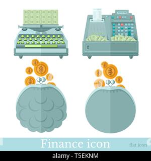 Set of business flat icons on white. Pouch with gold coins, typewriter makes money and cashbox with banknotes Stock Vector