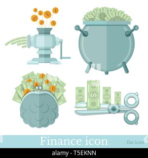 Set of business flat icons on white. Pouch with banknotes and gold coins, caldron with money and scissors cut banknotes, coins fall into meat grinder  Stock Vector