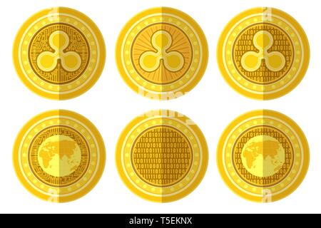 Set of flat golden coin with bitcoin ripple sign back and front side. Vector Illustration isolated on white background Stock Vector