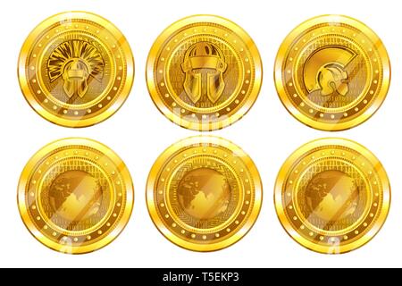 Set of golden crypto coins, bitcoin or titan back and front side. Vector Illustration isolated on white background Stock Vector