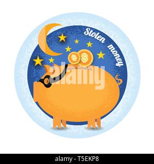 stolen money.Three piggy bank stand with coin.Vintage retro style shadow income icon on blue night circle background Stock Vector