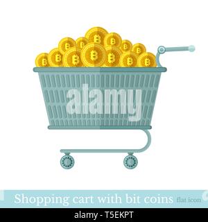 Vector shopping basket with gold bit coins. Flat business icon online buy Stock Vector