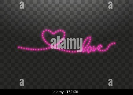 Track in the form of a strip of shiny LED strip in the shape of a heart on a transparent background. Valentines day. Heart with inscription I Love You Stock Vector
