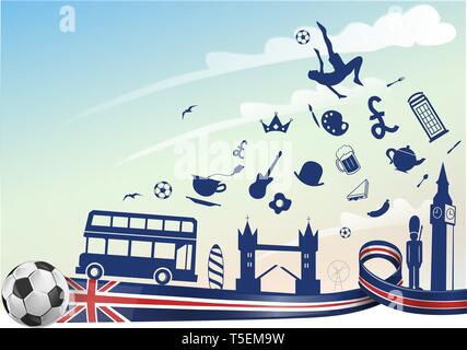 england flag with symbol elements and soccer ball Stock Vector