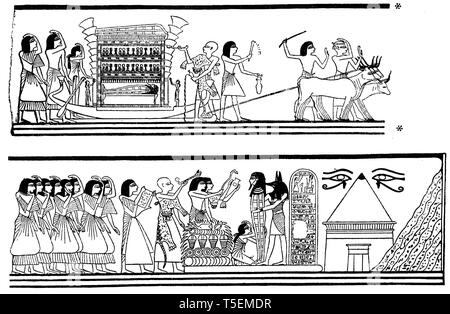 Funeral procession in Ancient Egypt. The mummy is on a boat-shaped ...