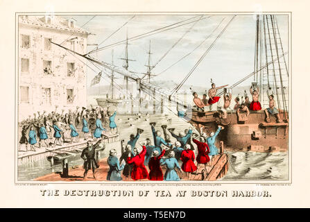 'The Destruction of Tea at Boston Harbor', hand coloured engraving of the Boston Tea Party, December 16th 1773,  print made in 1846 Stock Photo