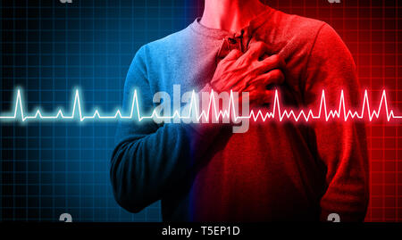 Heart disorder and atrial fibrillation ecg as a coronary cardiac attack with irregular and normal organ rhythm as a chest discomfort disease. Stock Photo