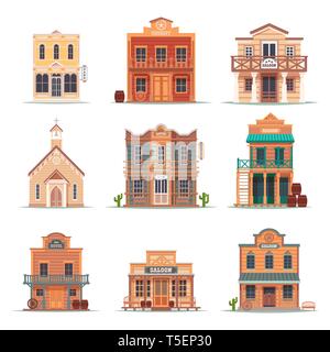 Set of isolated wild west, western building Stock Vector