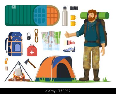 Isolated icons for tourism, journey. Man, backpack Stock Vector