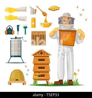 Apiculture icons with beekeeper in hiver suit Stock Vector