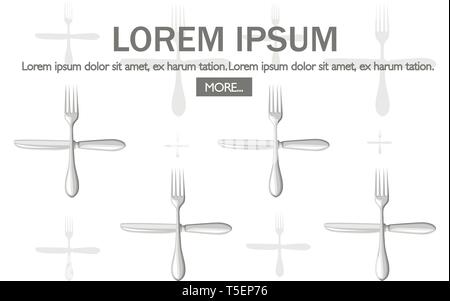 Pattern of crossed steel for and knife. Place for text. Flat vector illustration on white background. Stock Vector