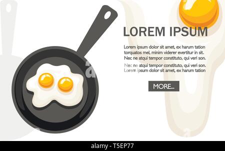 Fried egg in frying pan. Flat vector illustration on white background. Web site page and mobile app design. Place for text, web button. Stock Vector