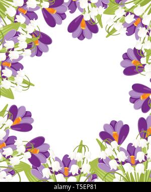 Flowers in ceramic basket. Purple Crocus and white Convallaria majalis. Green flower pattern, grass. Flat vector illustration on white background. Stock Vector