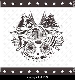 american civil war military background coat of arms with eagle flags and weapons engraving Stock Vector