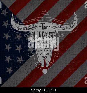 Bull skull with lettering the wildest territory on a on USA flag background Stock Vector