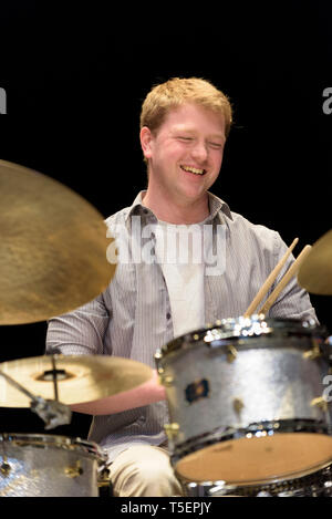 Scottish drummer and composer Johnathan Silk performing at the Cheltenham Jazz Festival, May 2, 2015. Stock Photo