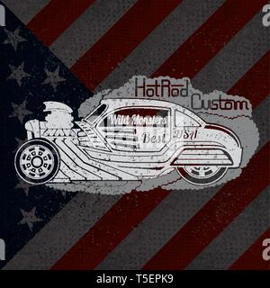 Skull front view without a lower jaw and feather from back arrows. Vintage print on USA flag Stock Vector