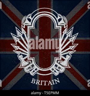 White Coat of Arms With Frame and Vintage Weapons on Britain Flag Background. Brand or T-shirt style Stock Vector