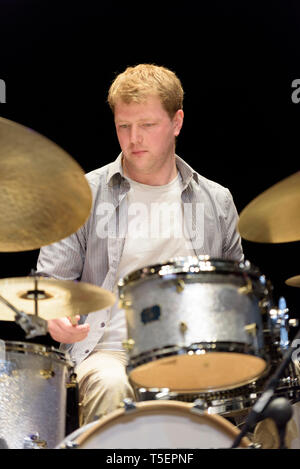 Scottish drummer and composer Johnathan Silk performing at the Cheltenham Jazz Festival, May 2, 2015. Stock Photo