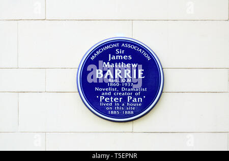 London, England, UK. Commemorative Blue Plaque: Sir James M. Barrie 1860-1937 novelist and dramatist lived here (J M Barrie, author of Peter Pan)  Ber Stock Photo