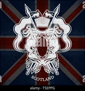 White Coat of Arms With oval Frame and Vintage Weapons on Scotland Flag Background. Brand or T-shirt style Stock Vector