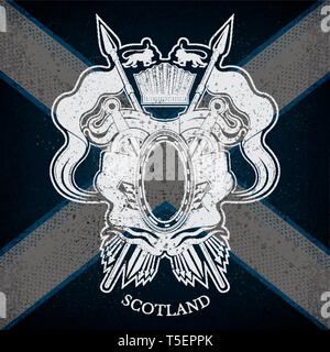 White Coat of Arms With Oval Frame and Vintage Weapons on Scotland Flag Background. Brand style Stock Vector