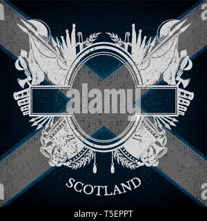White Coat of Arms With Oval Frame and Vintage Weapons on Scotland Flag Background. Brand style Stock Vector