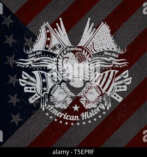 white print with eagle and vintage weapons on USA flag background. Brand or T-shirt style Stock Vector
