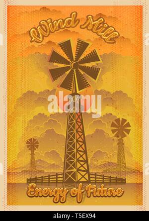 Energy of future, wind mill vector vintage illustration. Stock Vector