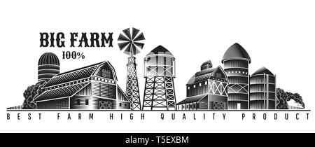 Farmer's windmill, barn and farm building retro style vintage label isolated on white Stock Vector
