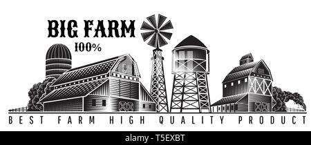 Farmer's windmill, barn and farm building retro style vintage label Stock Vector