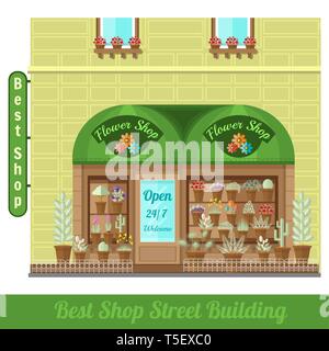 flat background with flower shop street uilding and pot flowers and houseplants on showcase Stock Vector
