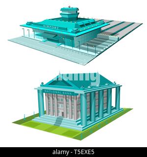 Set isometric buildings of bank and airport isolated on white Stock Vector