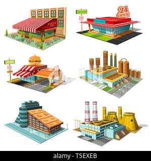 Set isometric buildings of cafe, pizzeria, hotel, supermarket, factory, nuclear power plant isolated on white Stock Vector