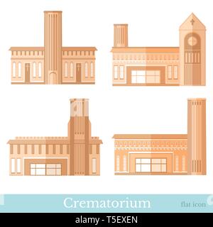 Set of brown colored flat funeral services buildings of crematorium different style vector illustration Stock Vector