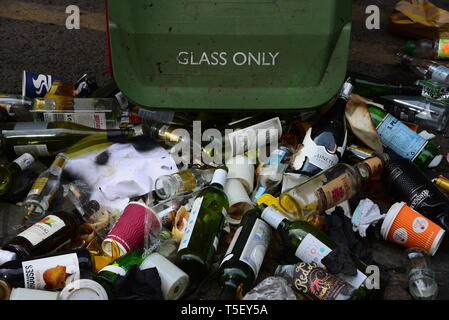 empty bottles spill out of knocked over bin Stock Photo