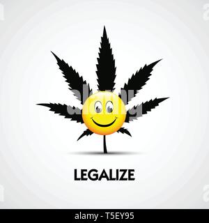 cute funny smiling happy face with marijuana weed leaf and legalize text vector illustration EPS10 Stock Vector